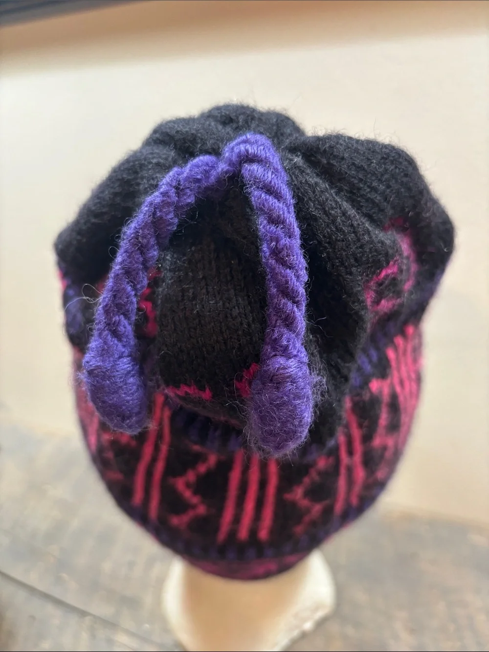 Handcrafted Kids Wool Black & Pink Patterned Knit Beanie